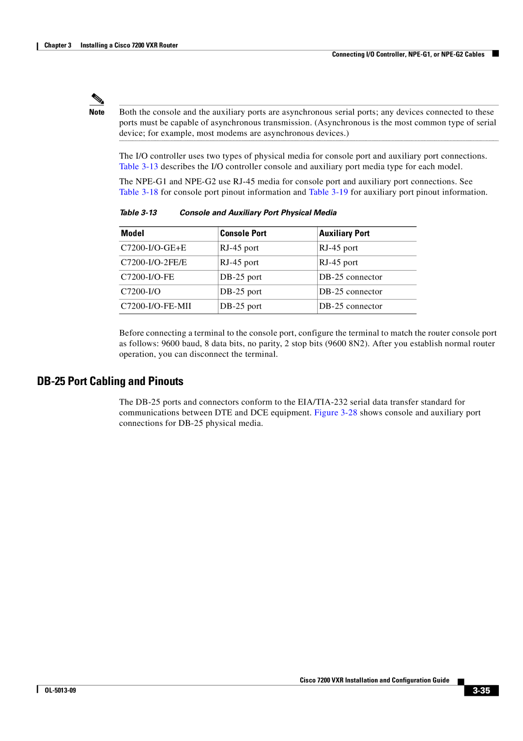 Cisco Systems 7200 VXR manual DB-25 Port Cabling and Pinouts, Model Console Port Auxiliary Port 