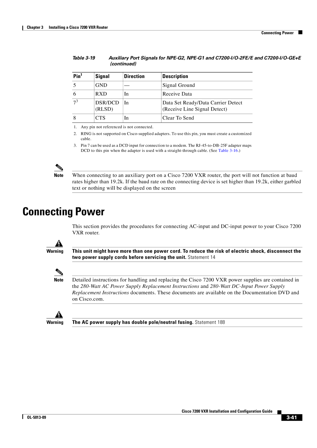 Cisco Systems 7200 VXR manual Connecting Power, Dsr/Dcd, Rlsd 