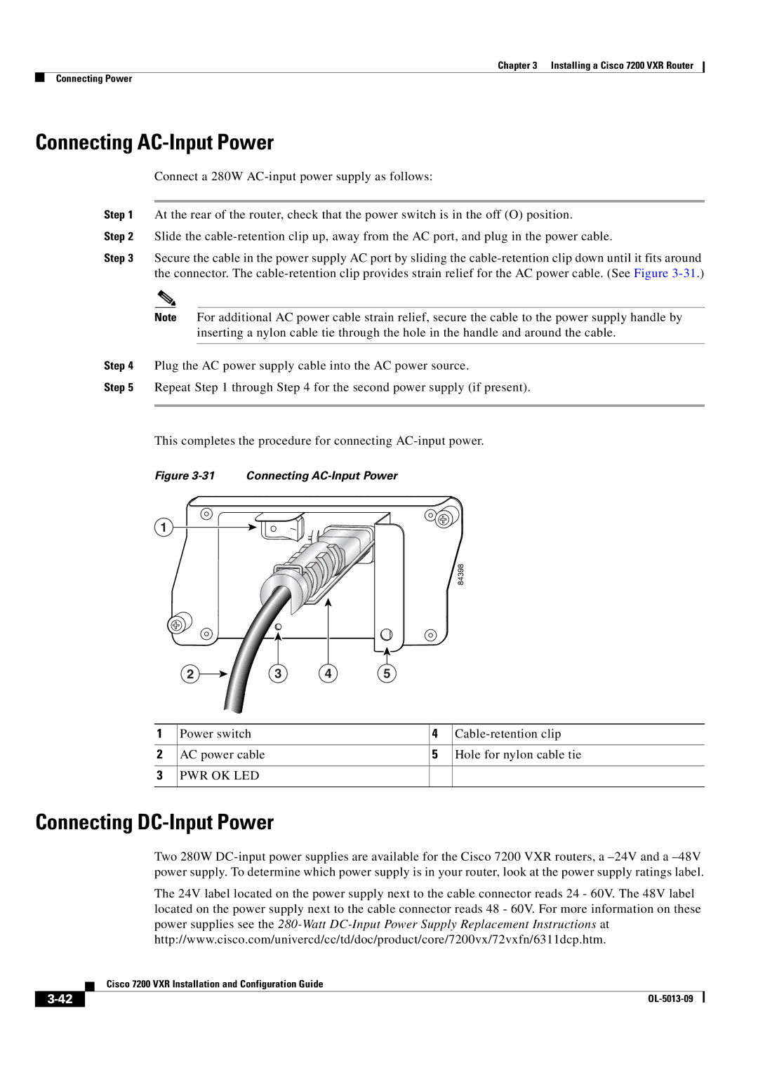 Cisco Systems 7200 VXR manual Connecting AC-Input Power, Connecting DC-Input Power 