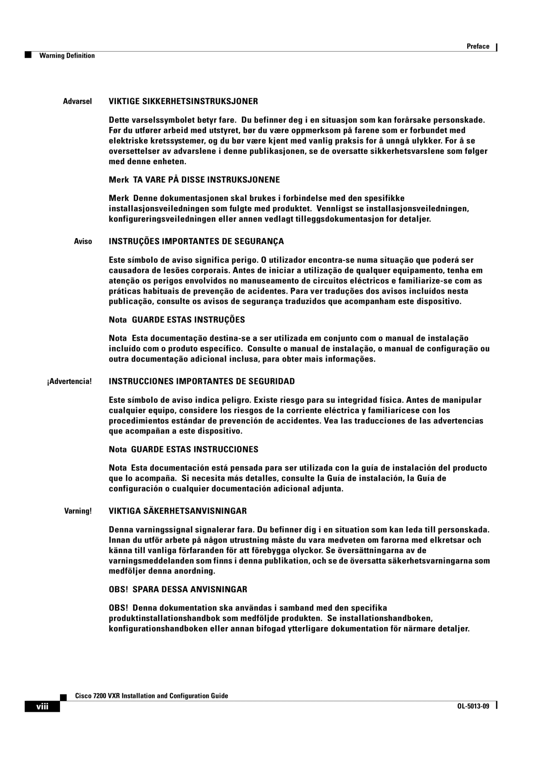 Cisco Systems 7200 VXR manual Aviso Instruções Importantes DE Segurança, OBS! Spara Dessa Anvisningar 