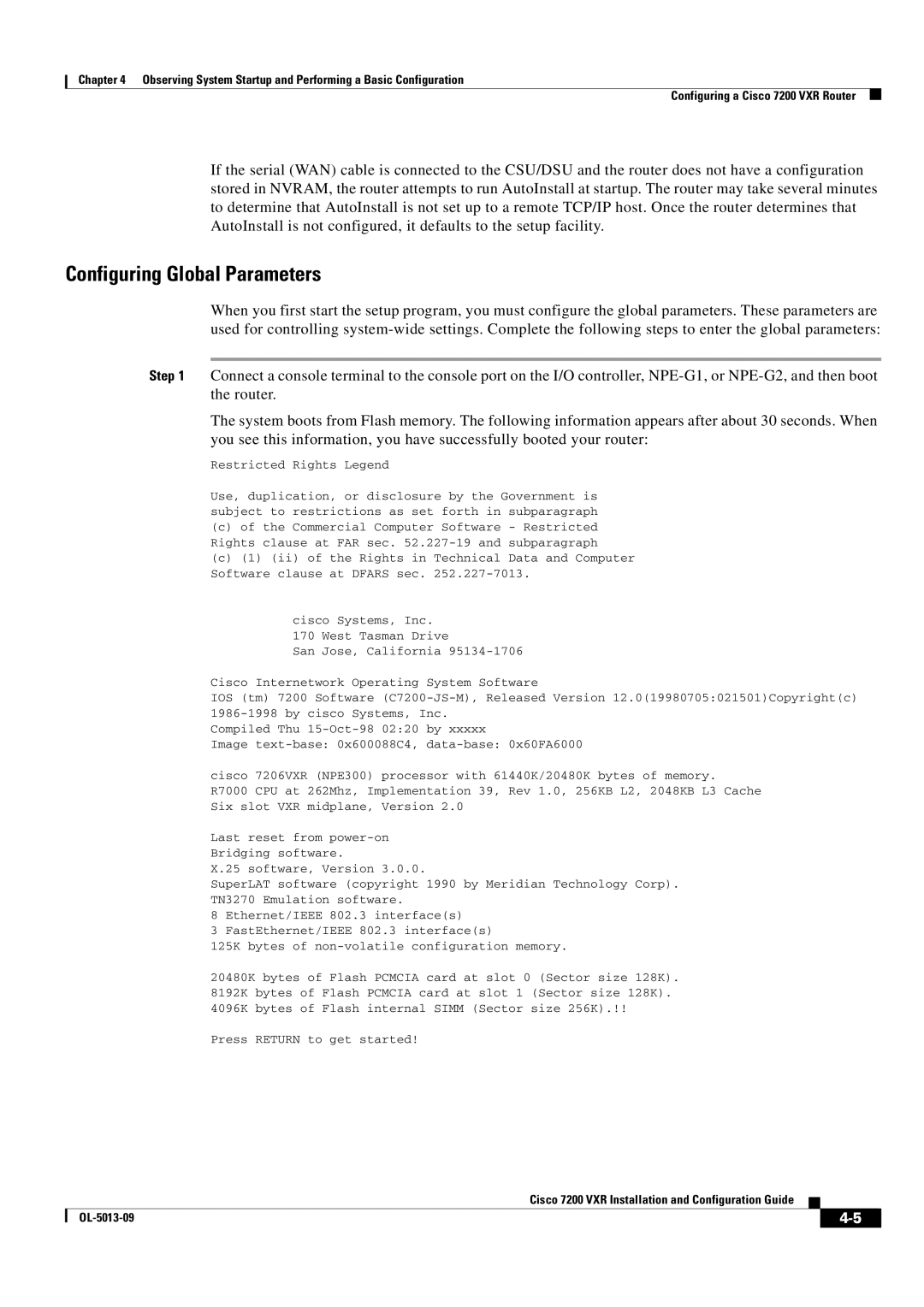 Cisco Systems 7200 VXR manual Configuring Global Parameters, Restricted Rights Legend 