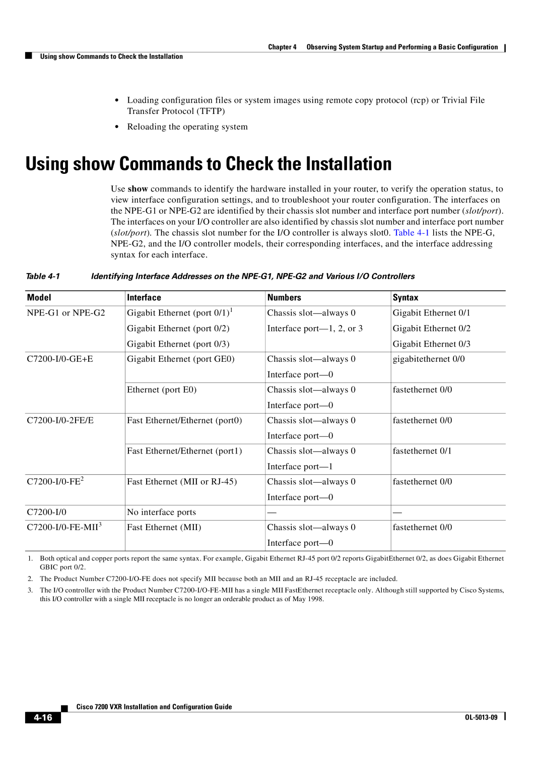 Cisco Systems 7200 VXR manual Using show Commands to Check the Installation, Model Interface Numbers Syntax 