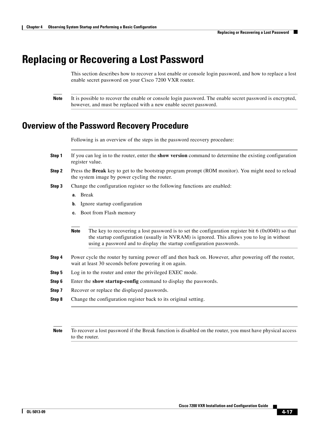 Cisco Systems 7200 VXR manual Replacing or Recovering a Lost Password, Overview of the Password Recovery Procedure 