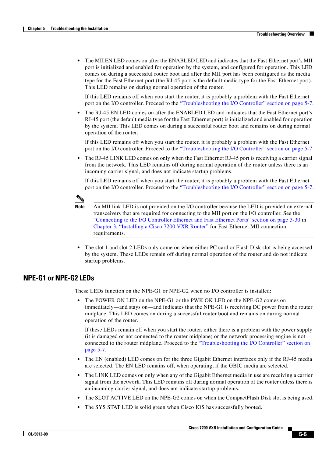 Cisco Systems 7200 VXR manual NPE-G1 or NPE-G2 LEDs 