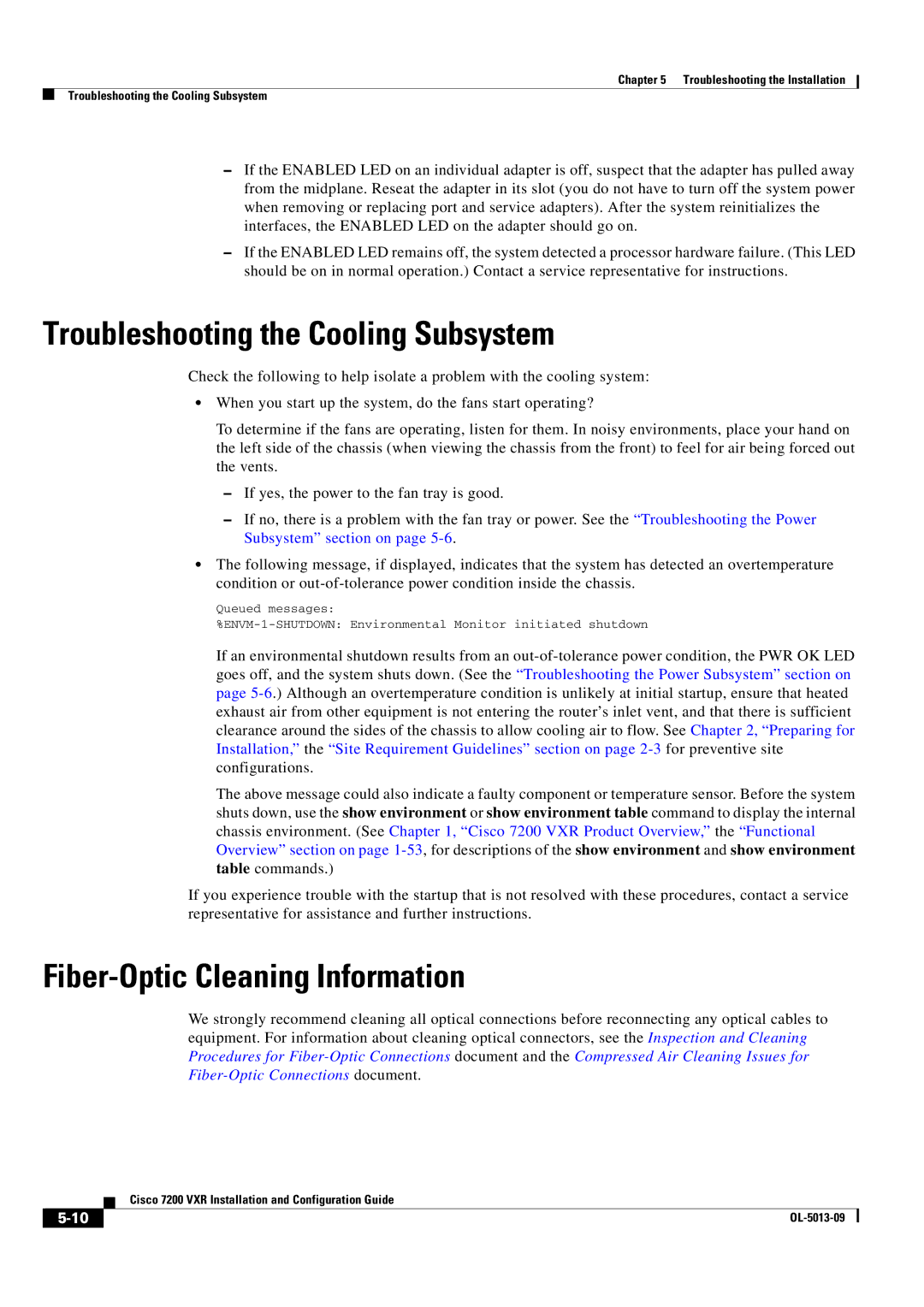 Cisco Systems 7200 VXR manual Troubleshooting the Cooling Subsystem, Fiber-Optic Cleaning Information 