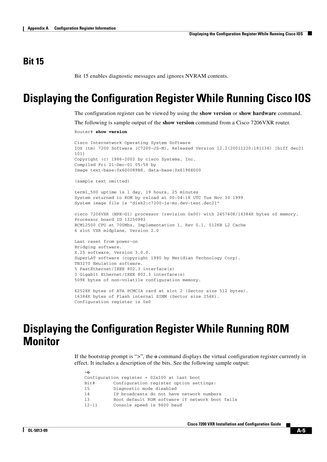 Cisco Systems 7200 VXR manual Appendix a Configuration Register Information 