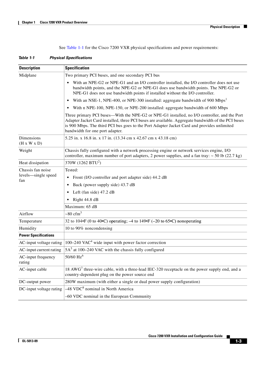 Cisco Systems 7200 VXR manual Description Specification, Humidity 10 to 90% noncondensing 