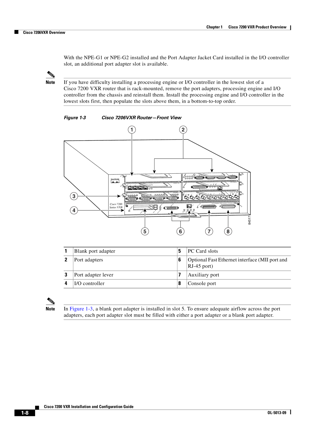 Cisco Systems 7200 VXR manual Cisco 7206VXR Router-Front View 