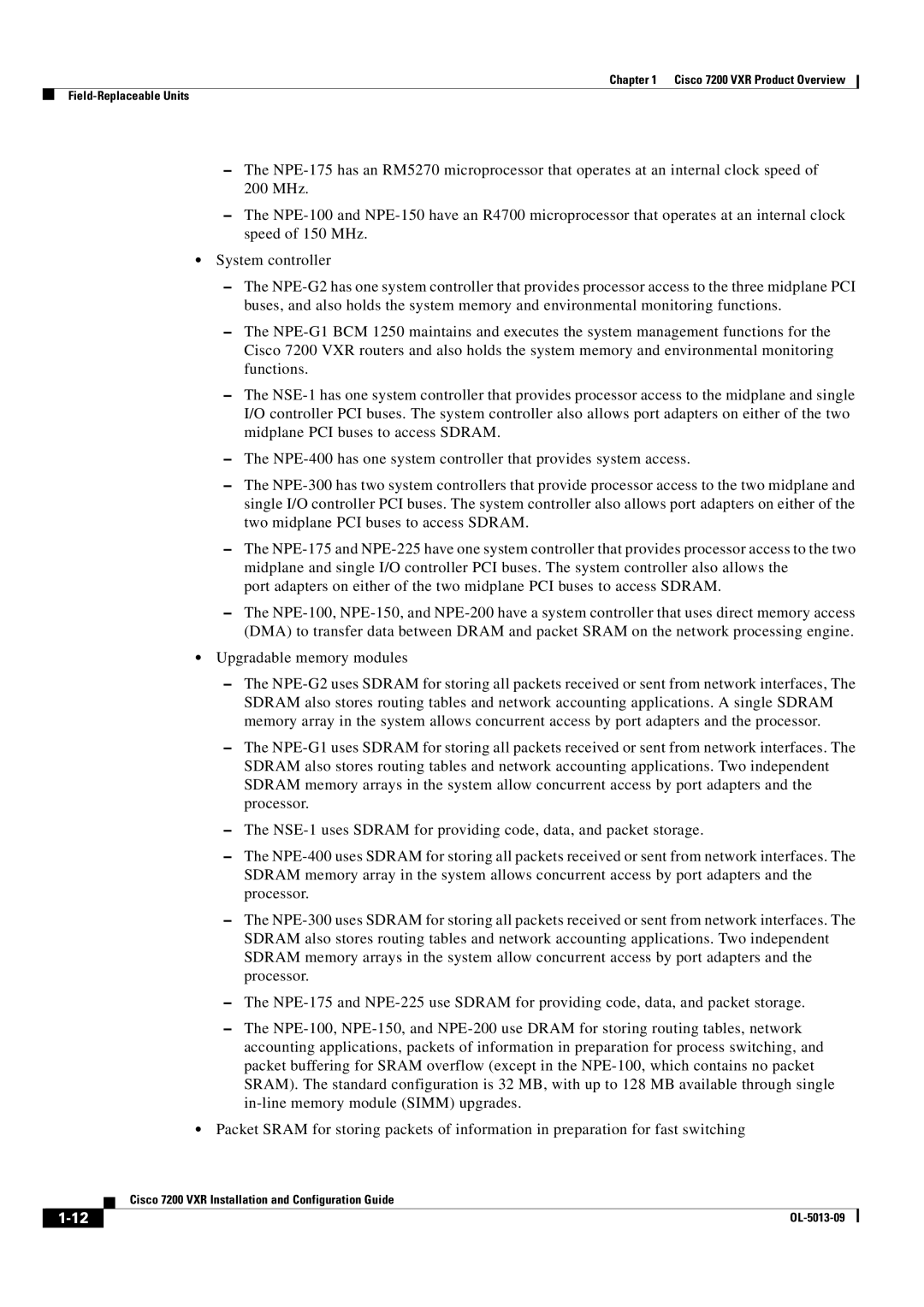 Cisco Systems manual Cisco 7200 VXR Product Overview Field-Replaceable Units 