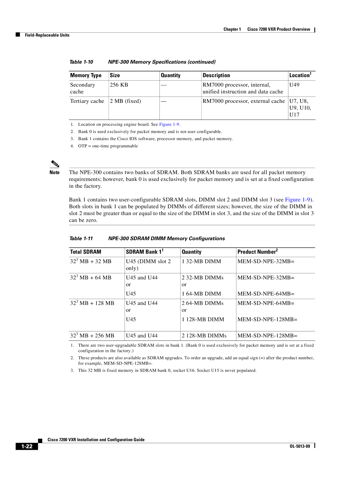 Cisco Systems 7200 VXR manual Total Sdram Sdram Bank 1 Quantity Product Number, MEM-SD-NPE-32MB=, MEM-SD-NPE-64MB= 