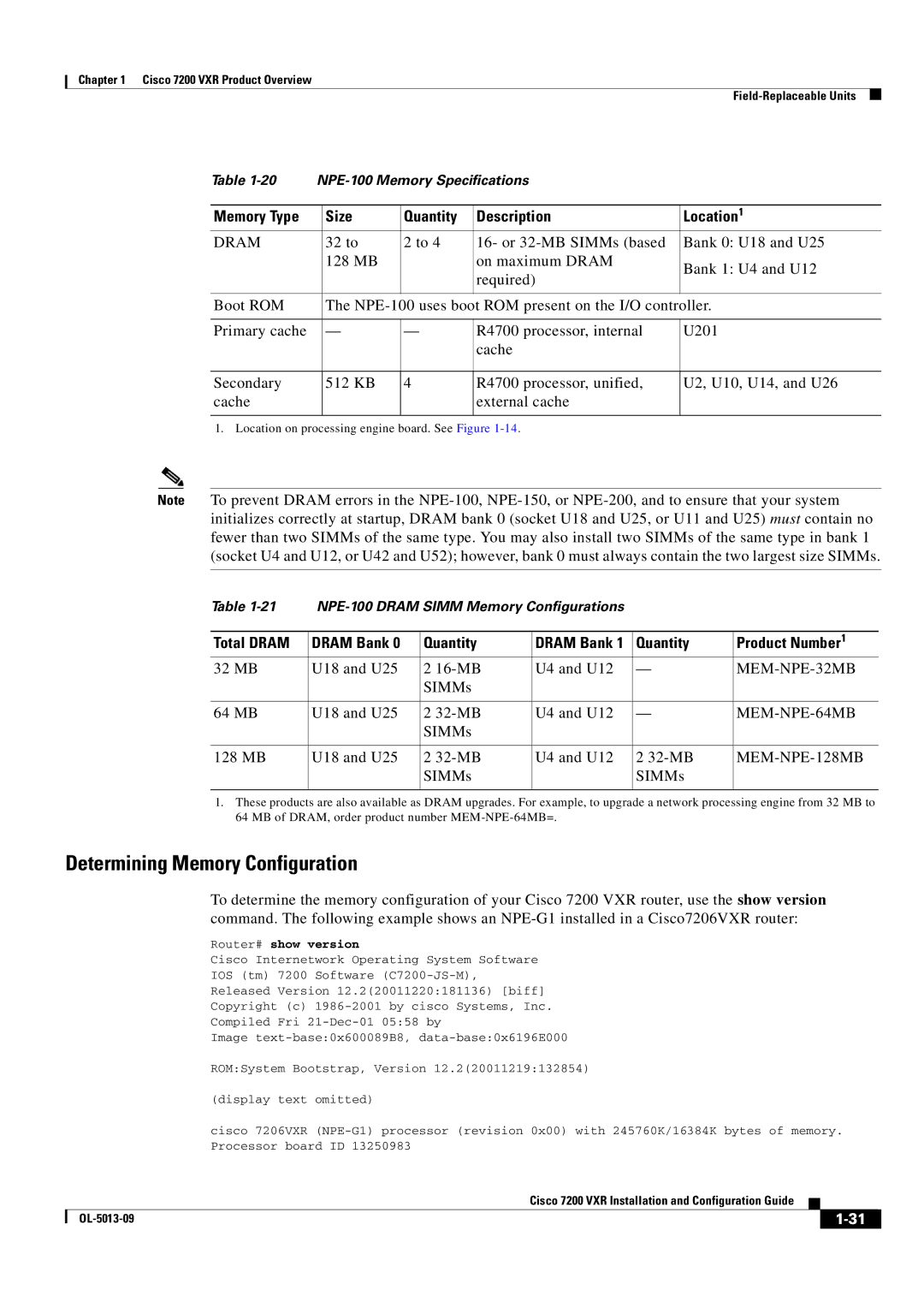 Cisco Systems 7200 VXR manual Determining Memory Configuration, Total Dram Dram Bank Quantity, Quantity Product Number 