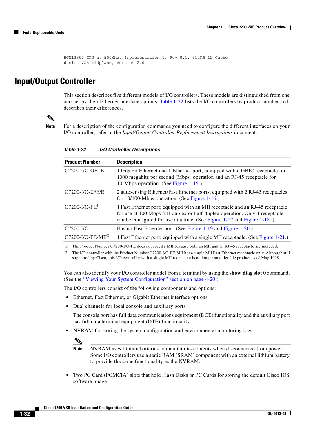 Cisco Systems 7200 VXR manual Input/Output Controller, Product Number Description 