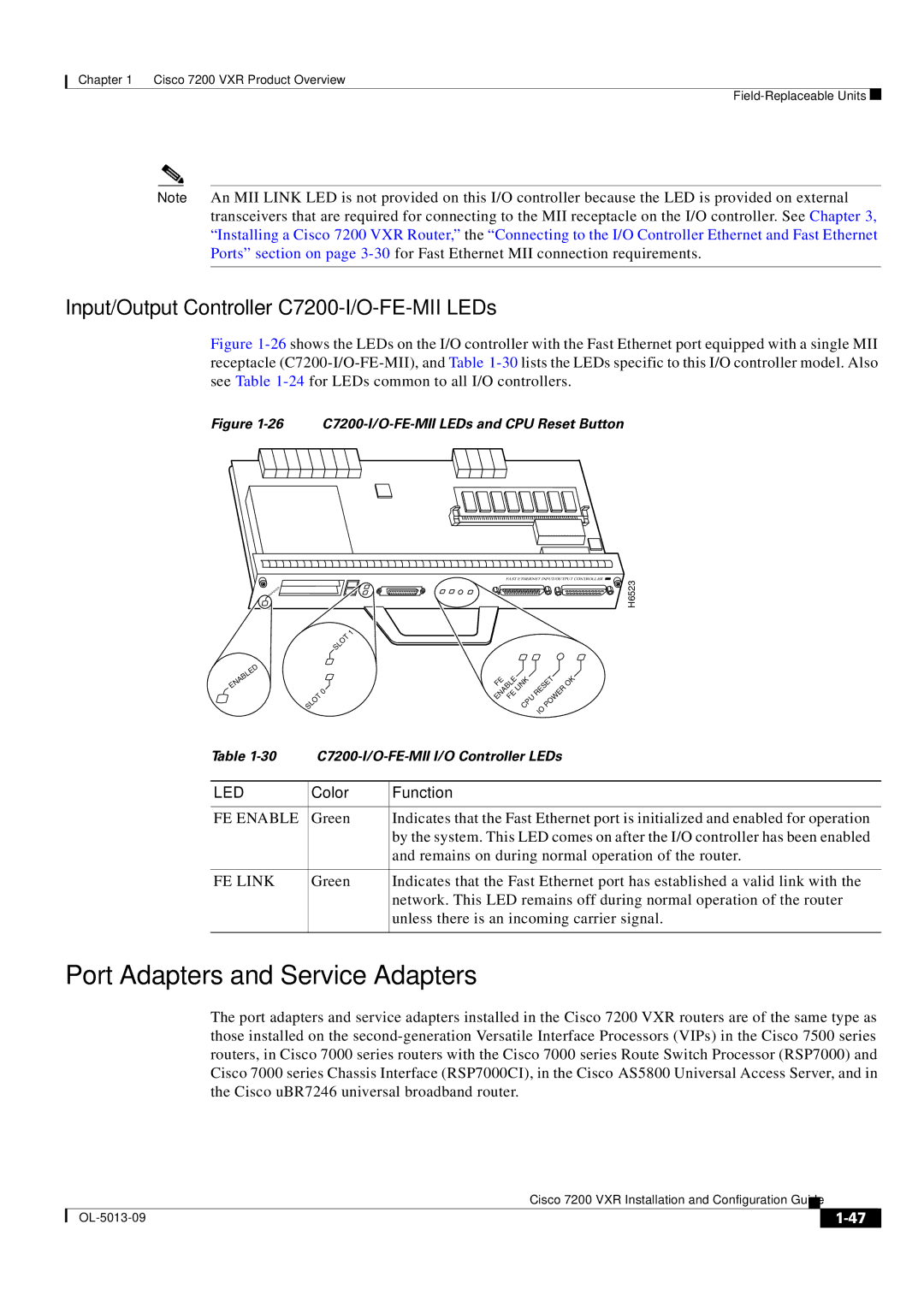 Cisco Systems 7200 VXR manual Port Adapters and Service Adapters, Input/Output Controller C7200-I/O-FE-MII LEDs, FE Enable 