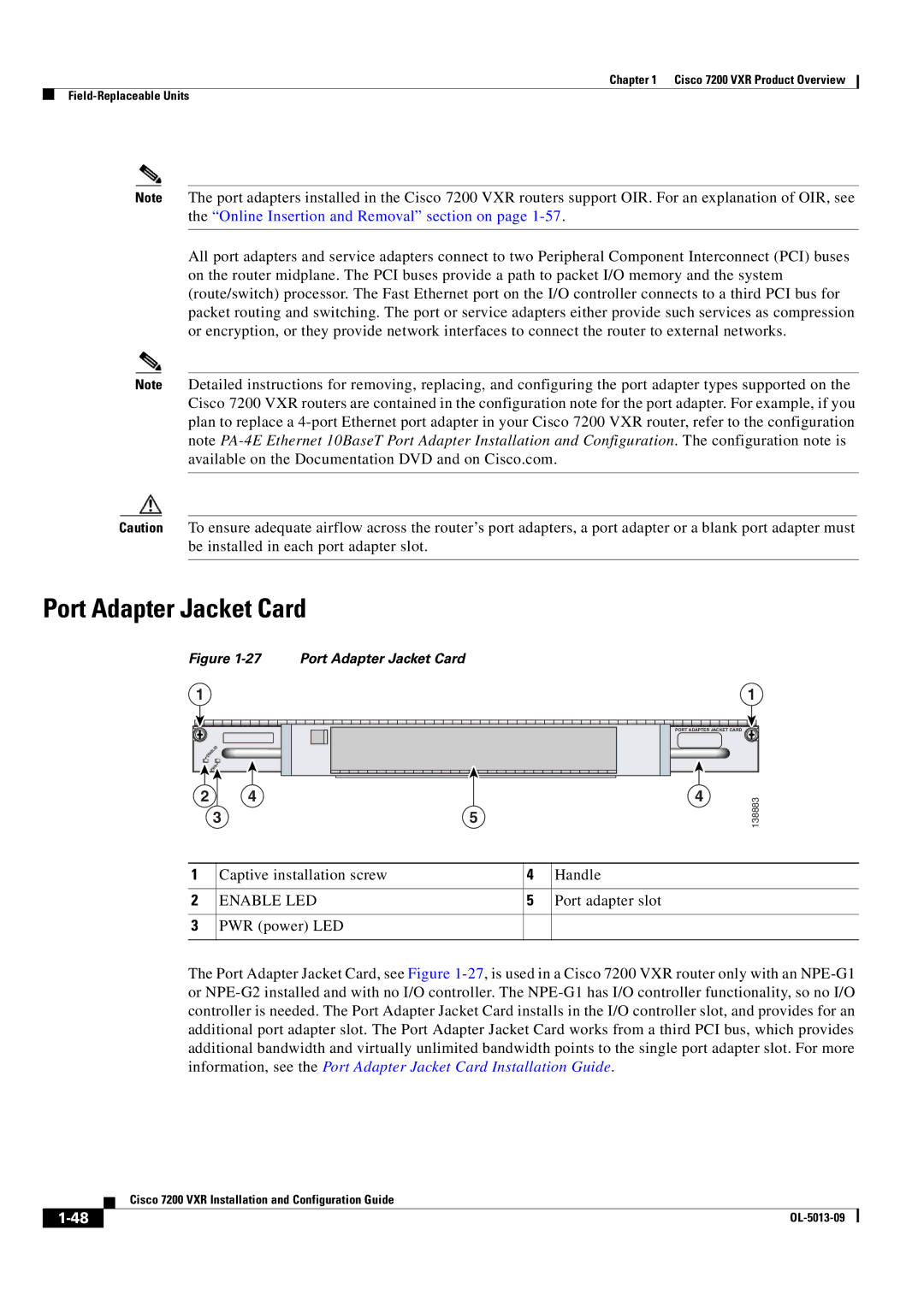 Cisco Systems 7200 VXR manual Port Adapter Jacket Card, Captive installation screw Handle, Enable LED, Port adapter slot 