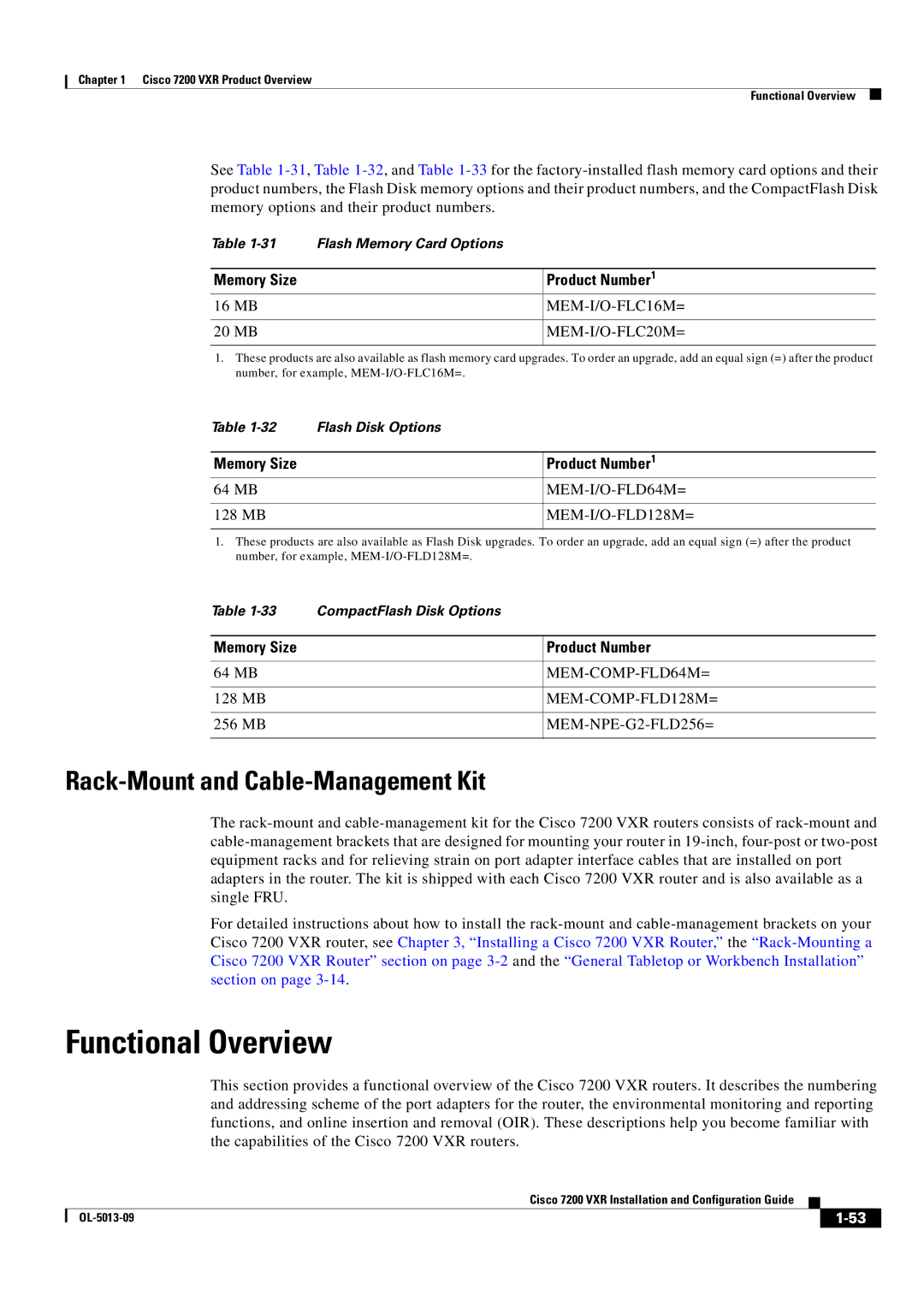 Cisco Systems 7200 VXR manual Functional Overview, Rack-Mount and Cable-Management Kit, Memory Size, Product Number1 