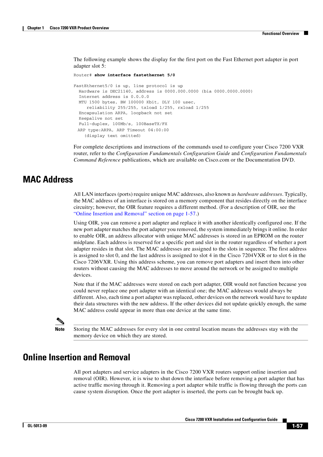 Cisco Systems 7200 VXR manual MAC Address, Online Insertion and Removal 