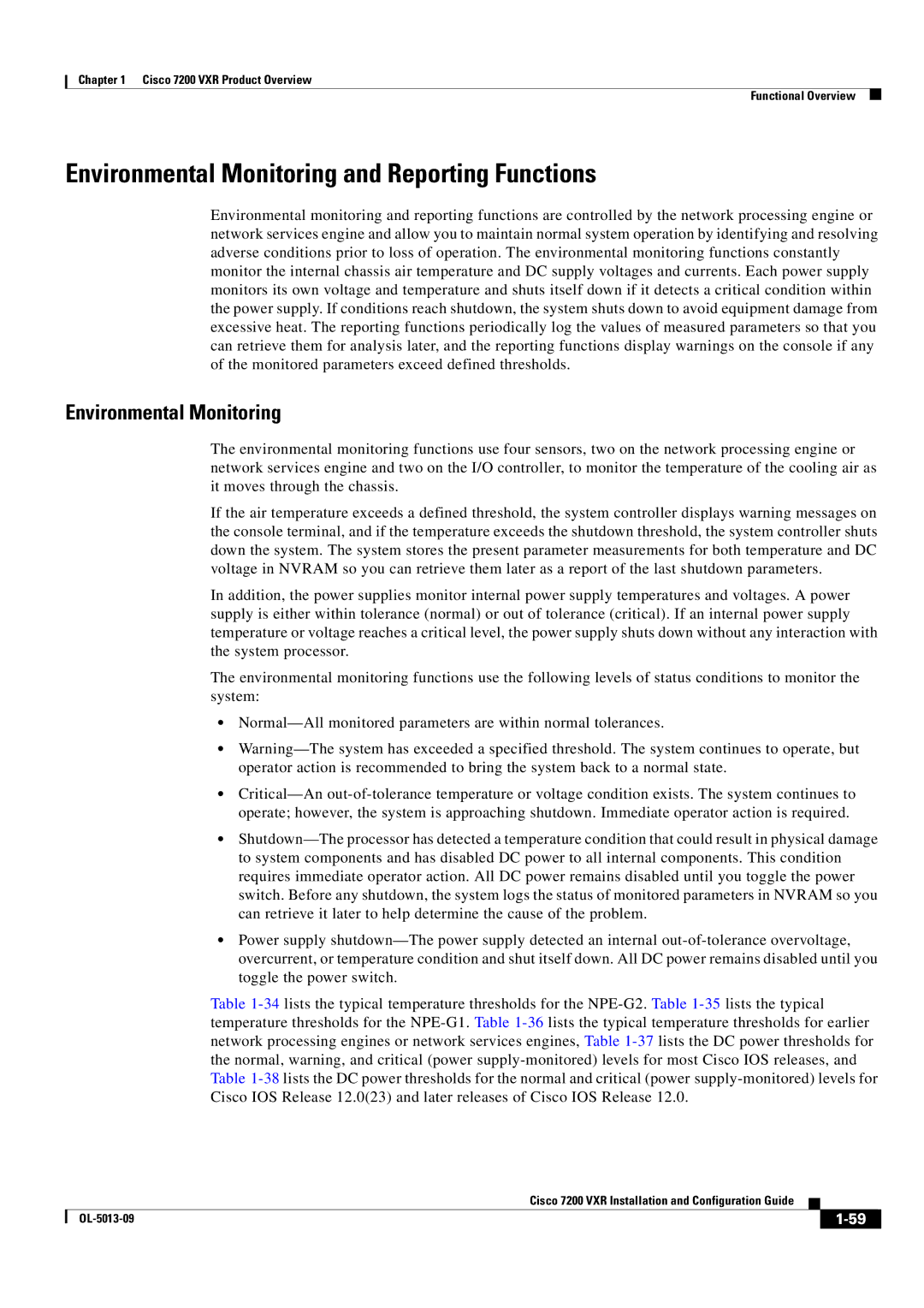 Cisco Systems 7200 VXR manual Environmental Monitoring and Reporting Functions 