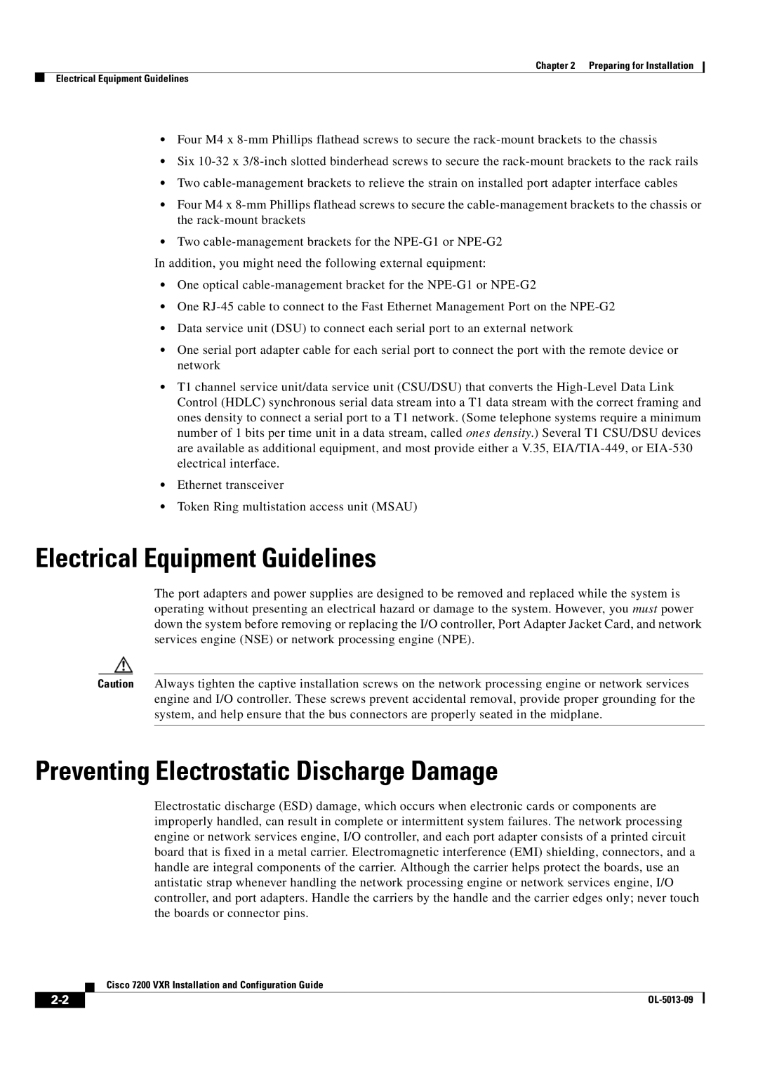 Cisco Systems 7200 VXR manual Electrical Equipment Guidelines, Preventing Electrostatic Discharge Damage 