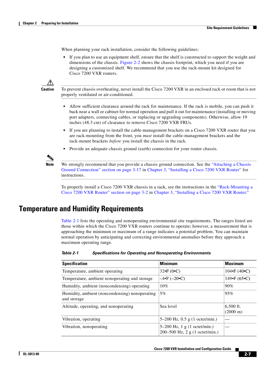 Cisco Systems 7200 VXR manual Temperature and Humidity Requirements, Specification Minimum Maximum 