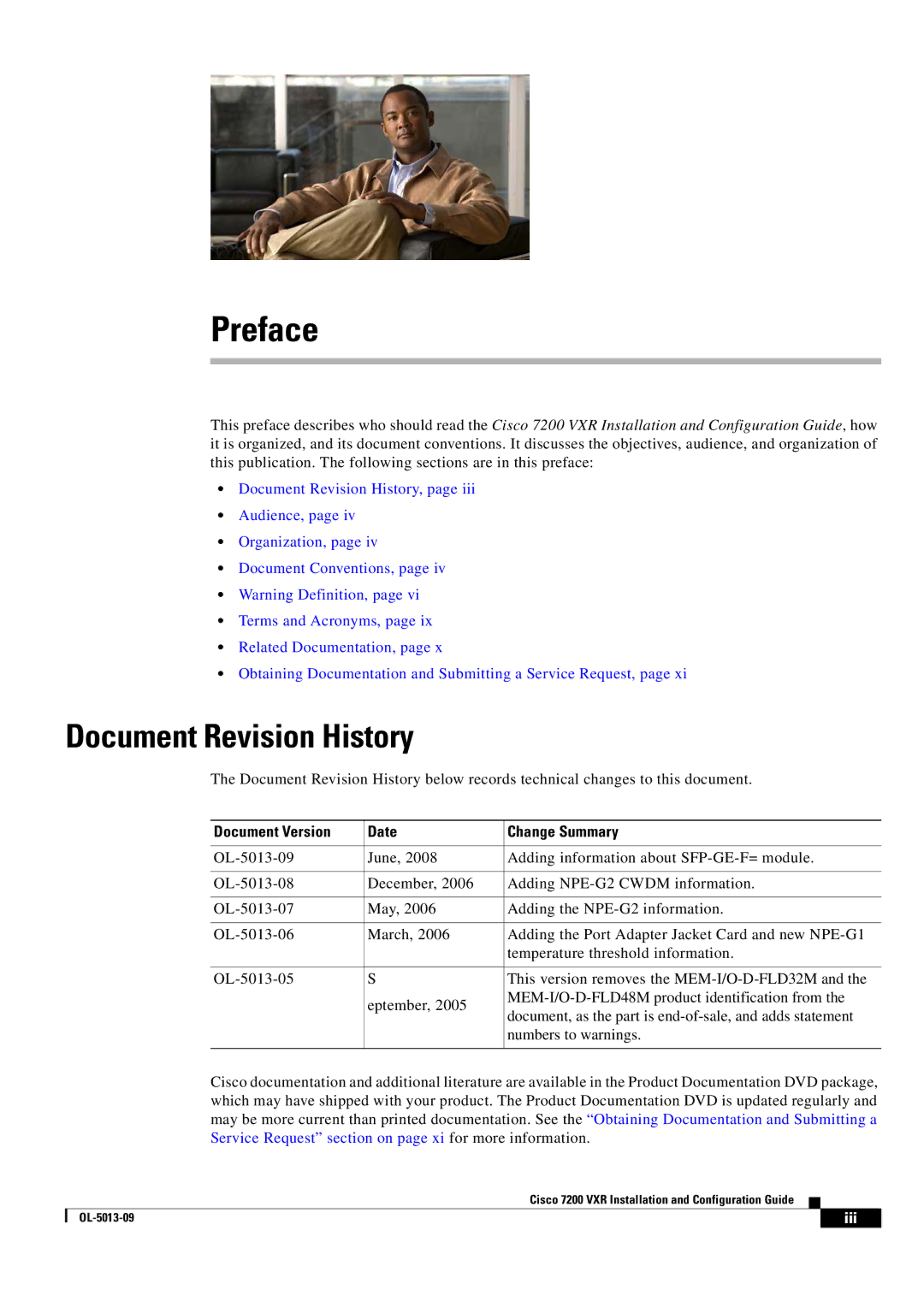 Cisco Systems 7200 VXR manual Document Revision History, Document Version Date Change Summary 