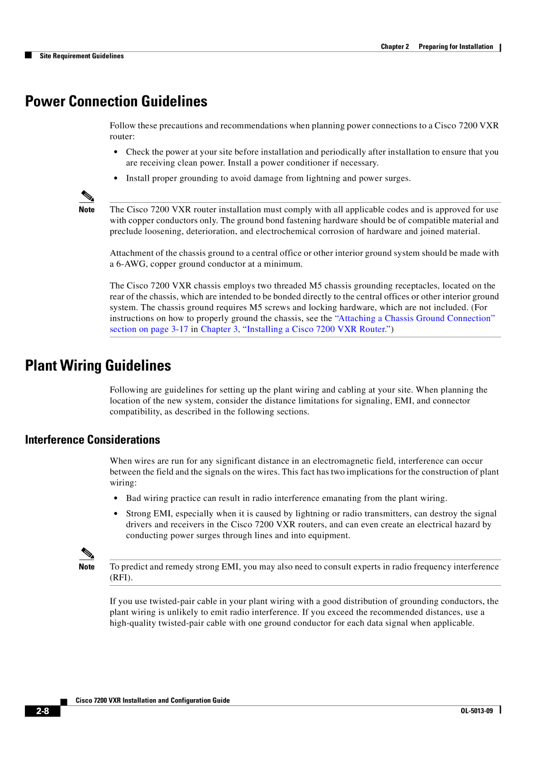 Cisco Systems 7200 VXR manual Power Connection Guidelines, Plant Wiring Guidelines, Interference Considerations 