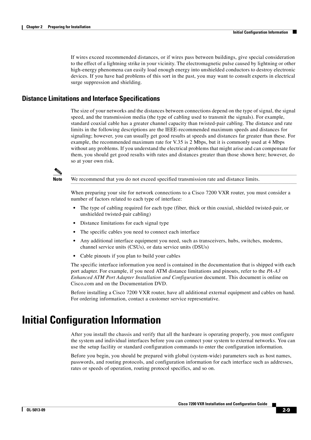 Cisco Systems 7200 VXR manual Initial Configuration Information, Distance Limitations and Interface Specifications 