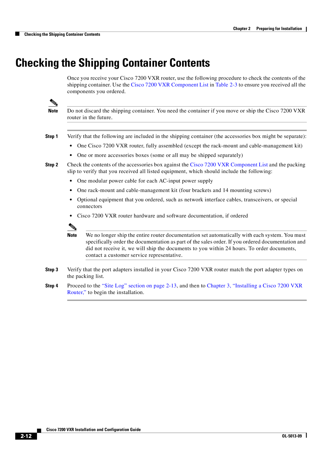 Cisco Systems 7200 VXR manual Checking the Shipping Container Contents 