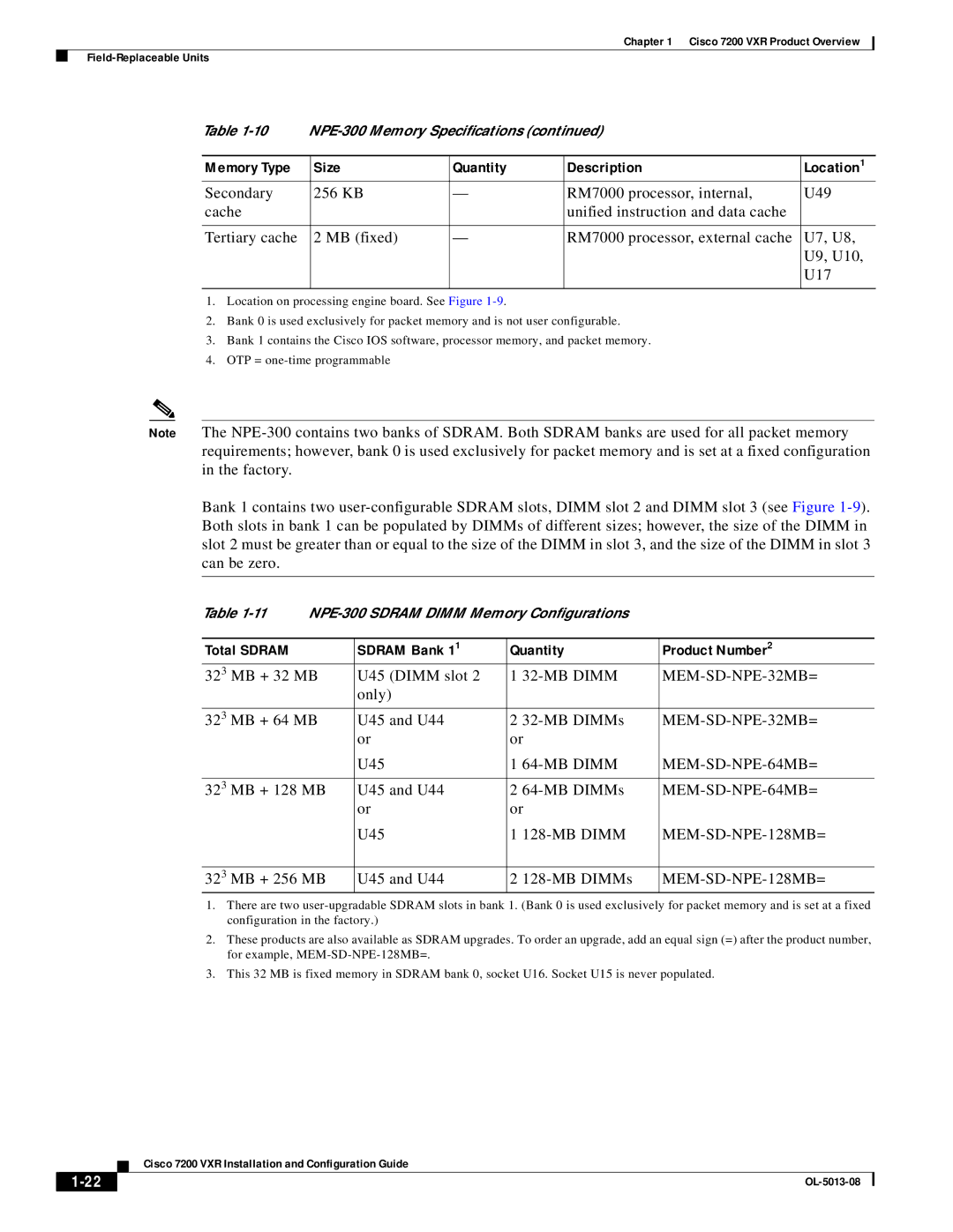 Cisco Systems 7200 VXR manual Total Sdram Sdram Bank 1 Quantity Product Number, MEM-SD-NPE-32MB=, MEM-SD-NPE-64MB= 