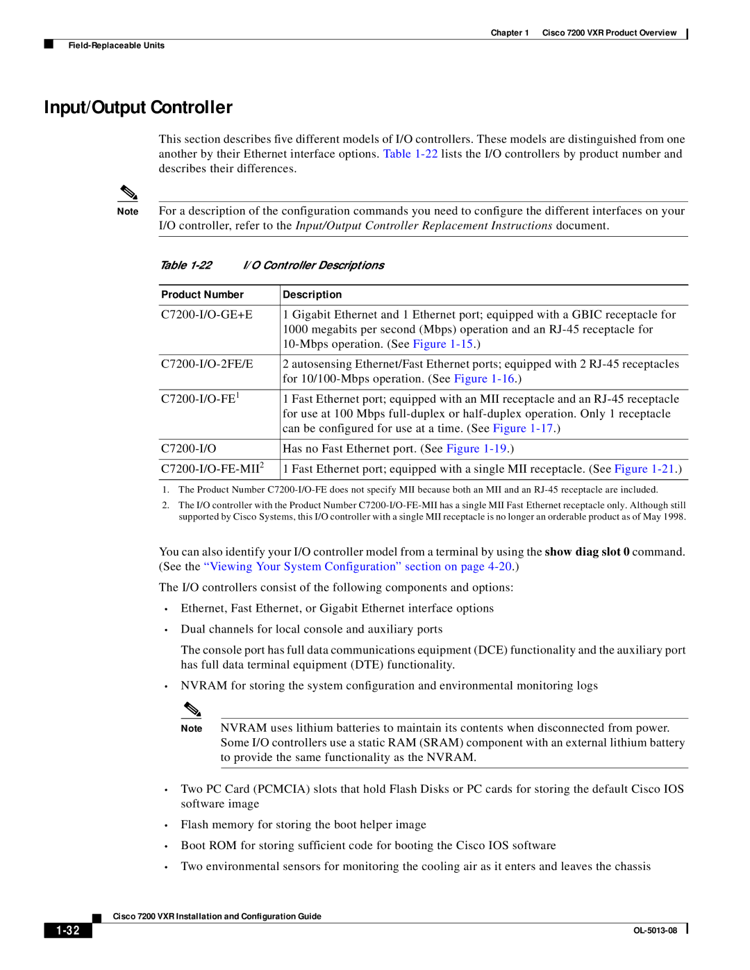 Cisco Systems 7200 VXR manual Input/Output Controller, Product Number Description 