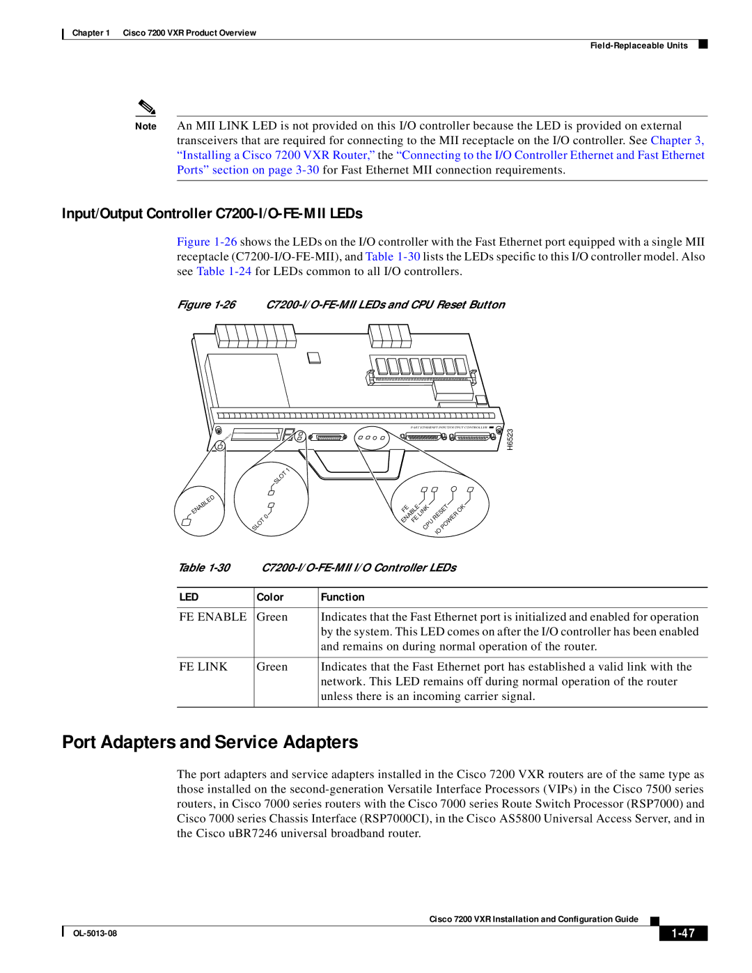 Cisco Systems 7200 VXR manual Port Adapters and Service Adapters, Input/Output Controller C7200-I/O-FE-MII LEDs, FE Enable 