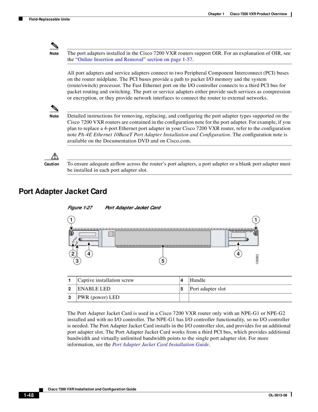 Cisco Systems 7200 VXR manual Port Adapter Jacket Card, Enable LED 