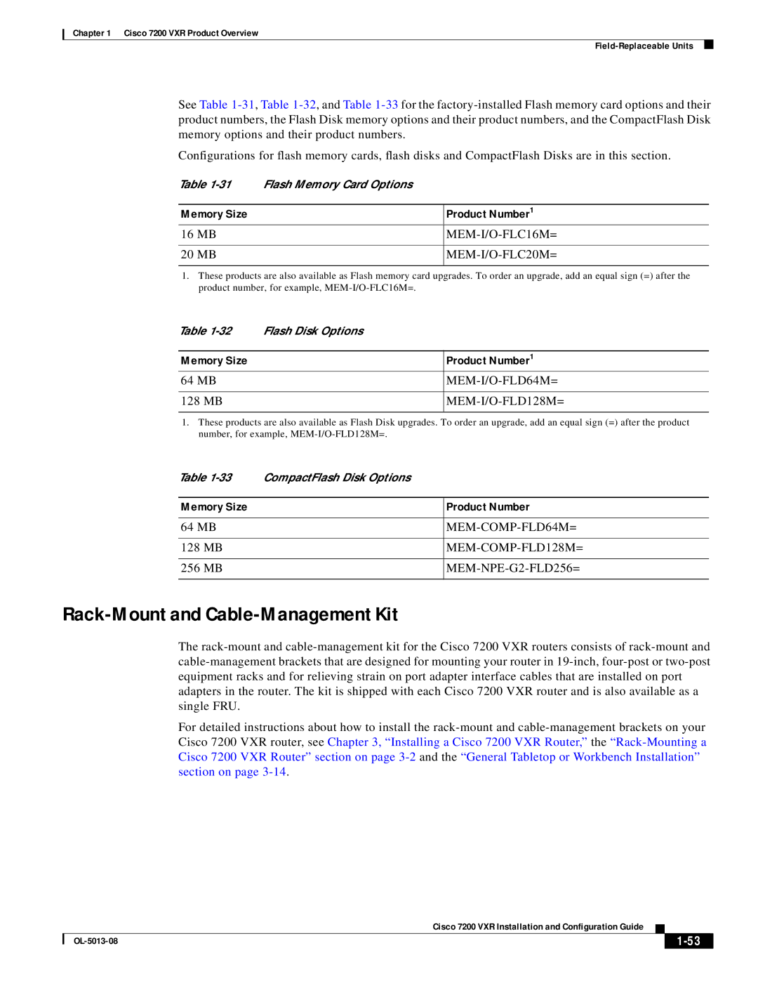 Cisco Systems 7200 VXR manual Rack-Mount and Cable-Management Kit, Memory Size, Product Number1 