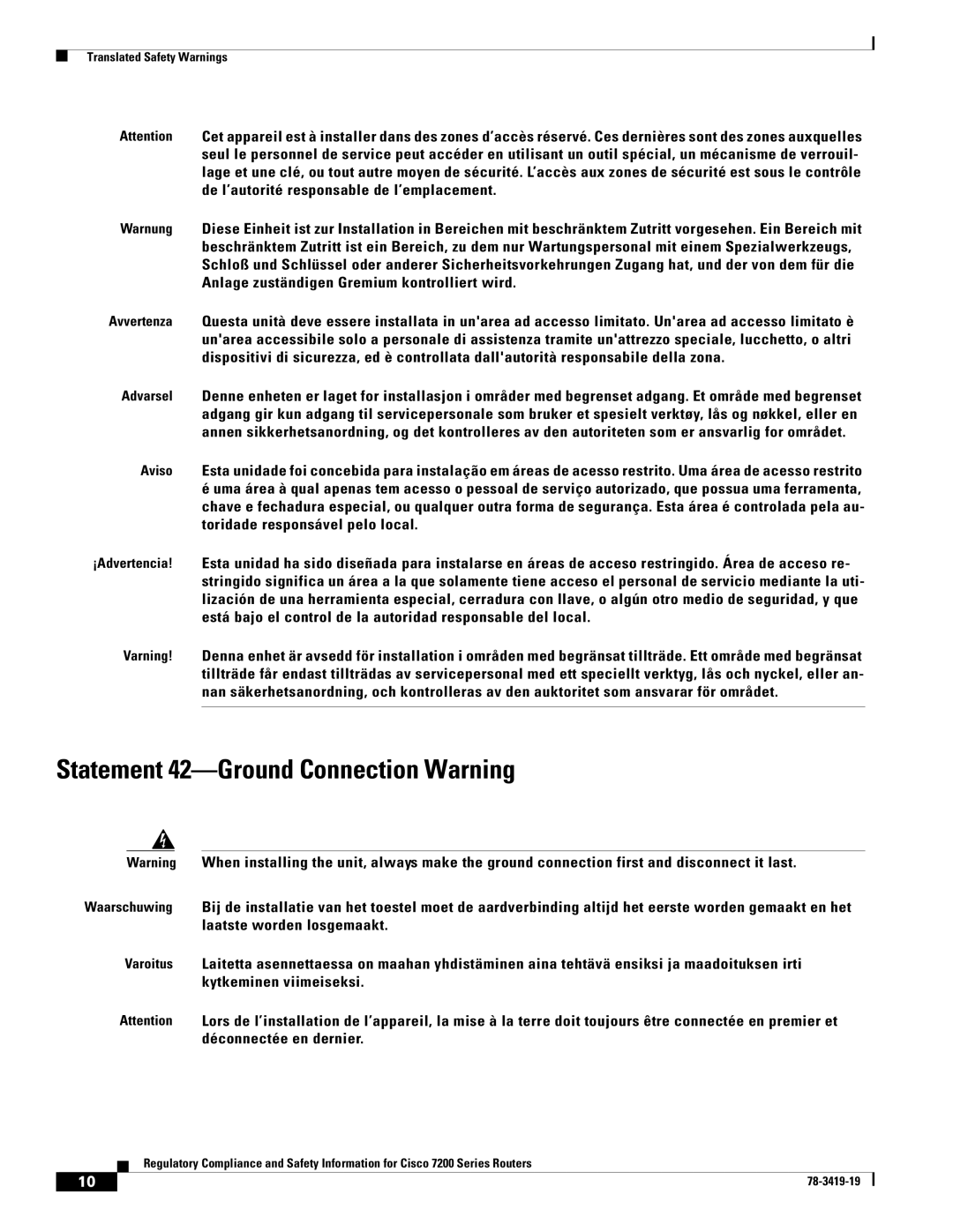 Cisco Systems 7204 VXR, 7206 VXR, 7200 Series, 7202 manual Statement 42-Ground Connection Warning 