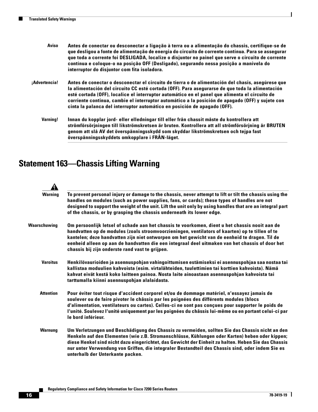 Cisco Systems 7206 VXR, 7200 Series, 7204 VXR, 7202 manual Statement 163-Chassis Lifting Warning 