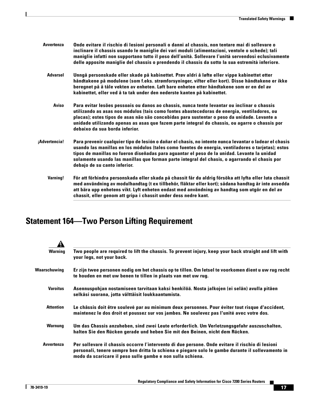 Cisco Systems 7200 Series, 7206 VXR, 7204 VXR, 7202 manual Statement 164-Two Person Lifting Requirement 