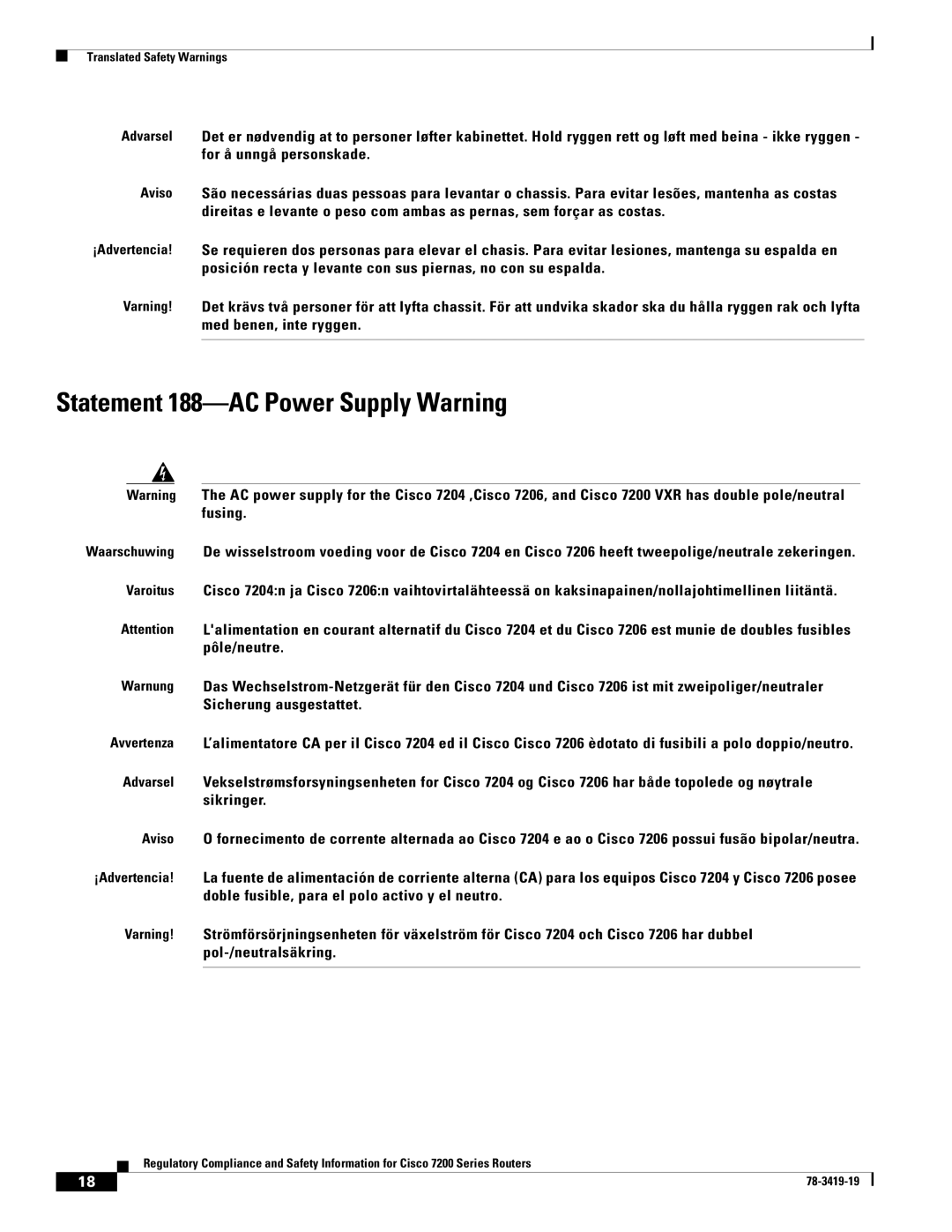 Cisco Systems 7204 VXR, 7206 VXR, 7200 Series, 7202 manual Statement 188-AC Power Supply Warning 