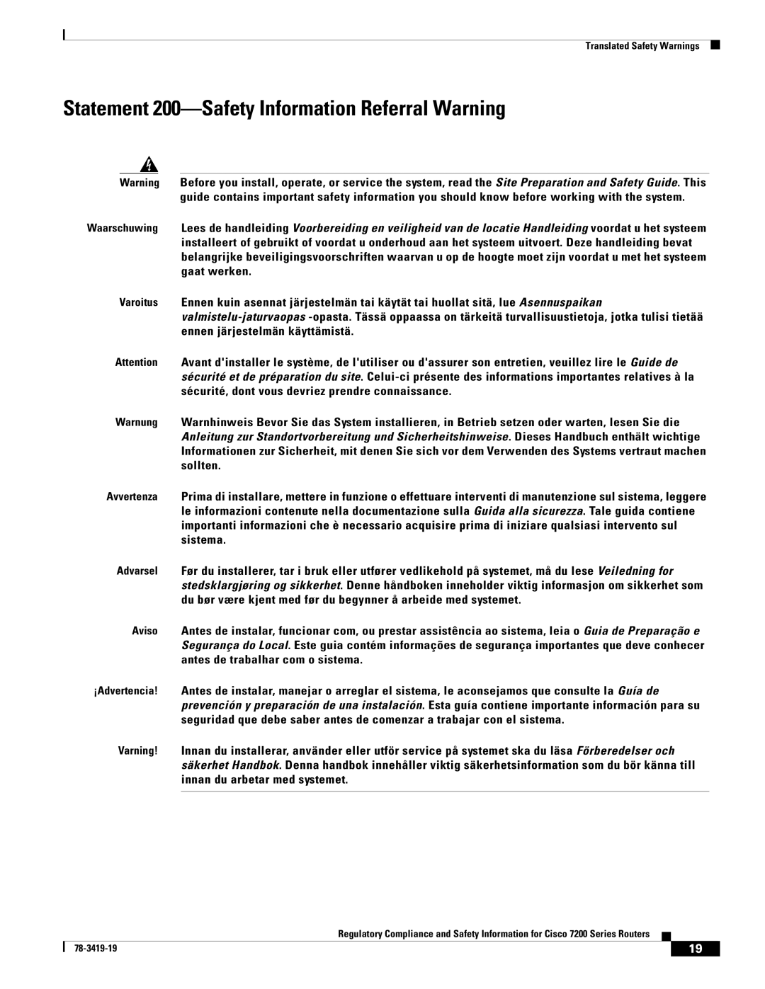 Cisco Systems 7202, 7206 VXR, 7200 Series, 7204 VXR manual Statement 200-Safety Information Referral Warning 