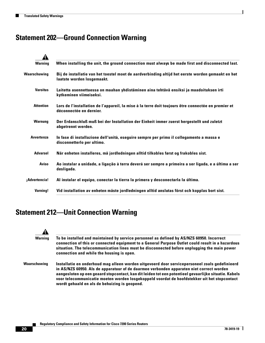 Cisco Systems 7206 VXR, 7200 Series, 7202 Statement 202-Ground Connection Warning, Statement 212-Unit Connection Warning 