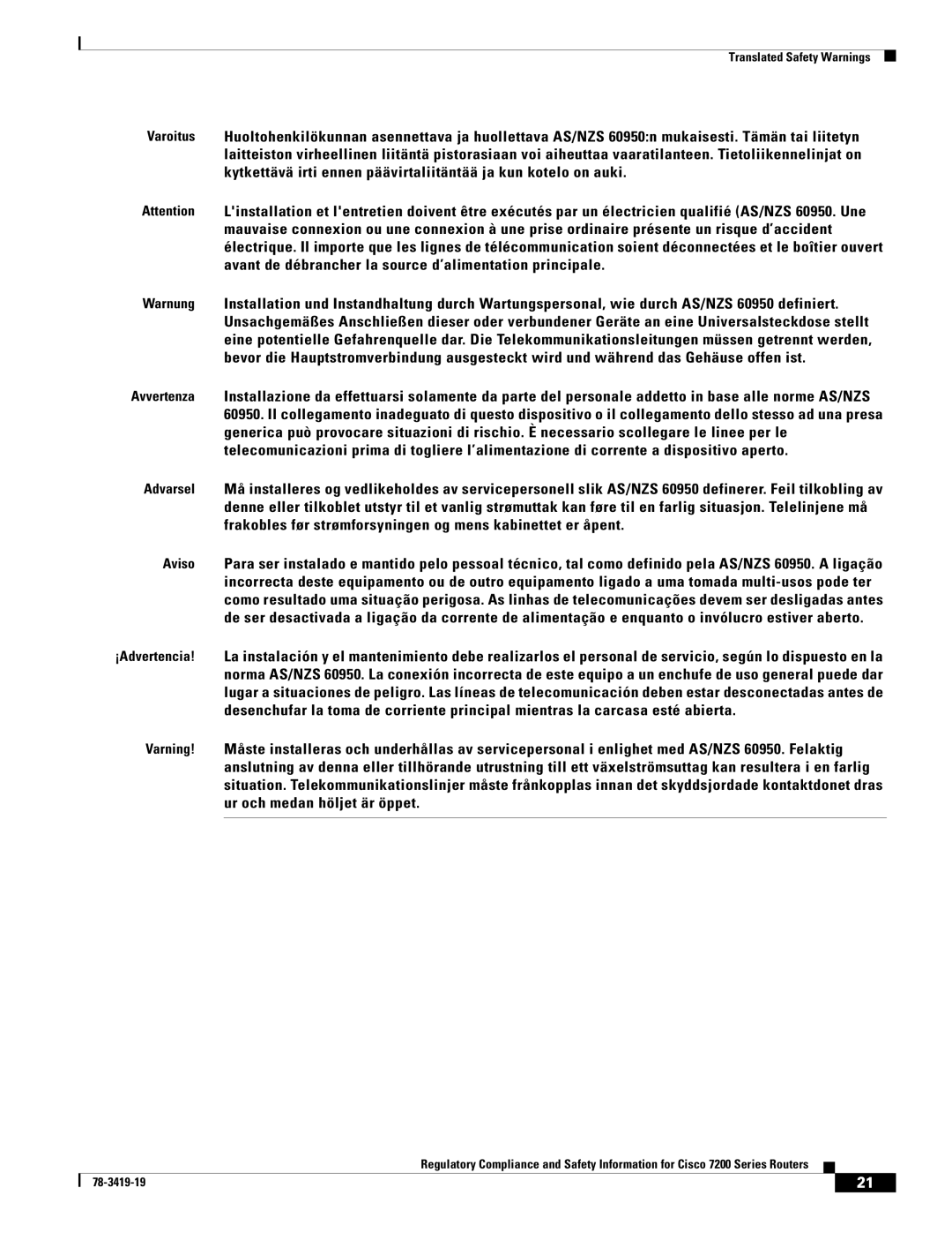 Cisco Systems 7200 Series, 7206 VXR, 7204 VXR, 7202 manual Translated Safety Warnings 