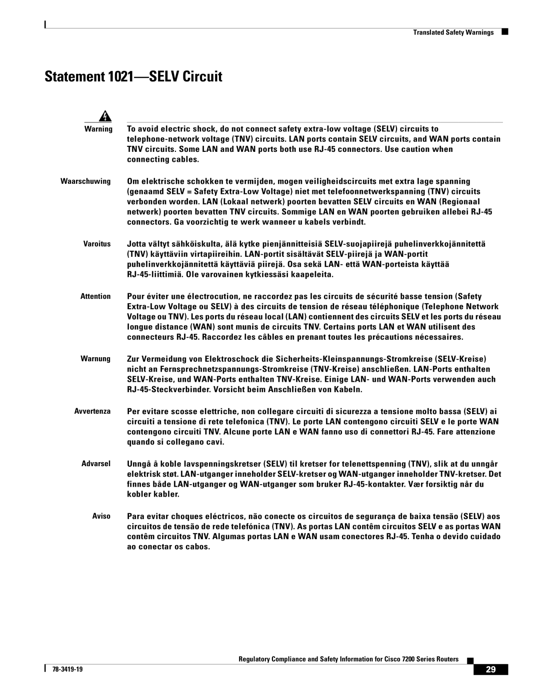 Cisco Systems 7200 Series, 7206 VXR, 7204 VXR, 7202 manual Statement 1021-SELV Circuit 