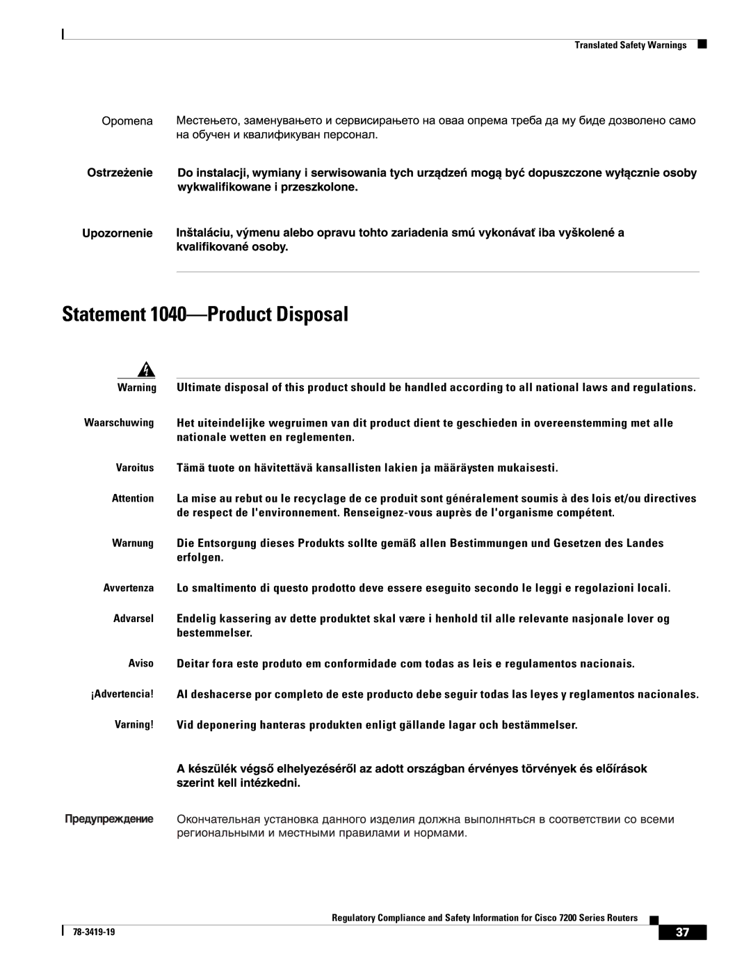 Cisco Systems 7200 Series, 7206 VXR, 7204 VXR, 7202 manual Statement 1040-Product Disposal 