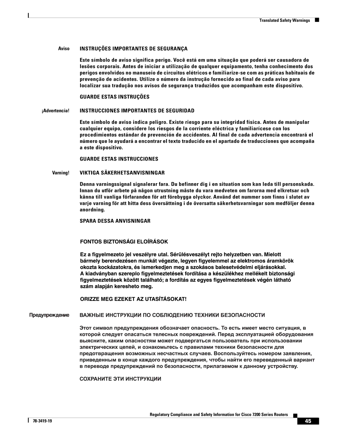 Cisco Systems 7200 Series, 7206 VXR, 7204 VXR, 7202 manual Aviso Instruções Importantes DE Segurança, Guarde Estas Instruções 