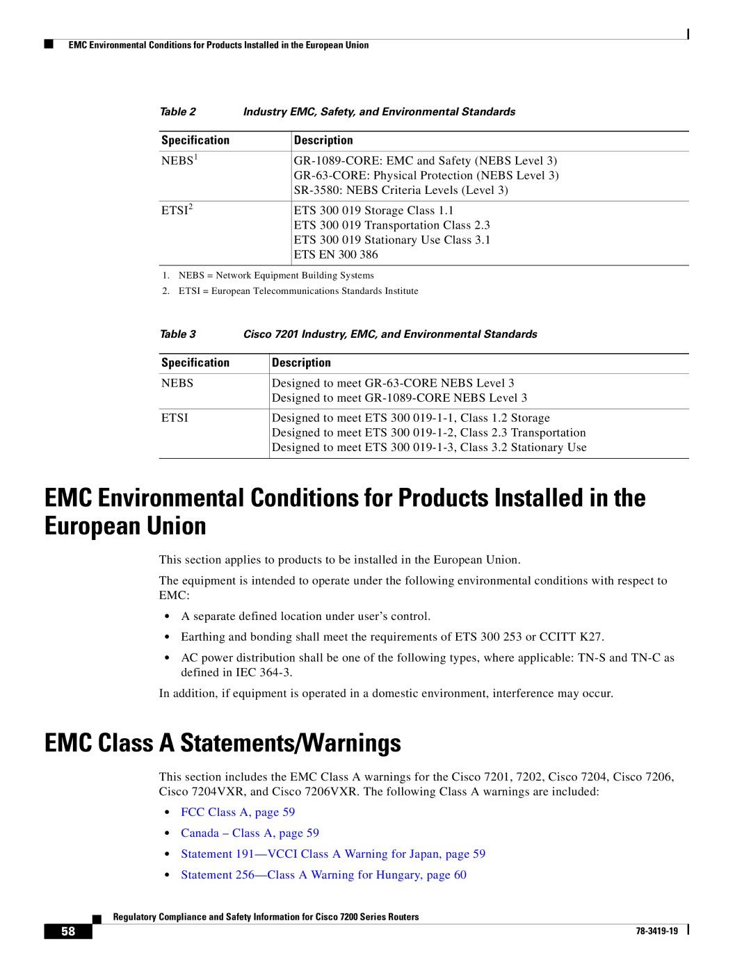 Cisco Systems 7204 VXR, 7206 VXR, 7200 Series, 7202 manual EMC Class a Statements/Warnings, Nebs 