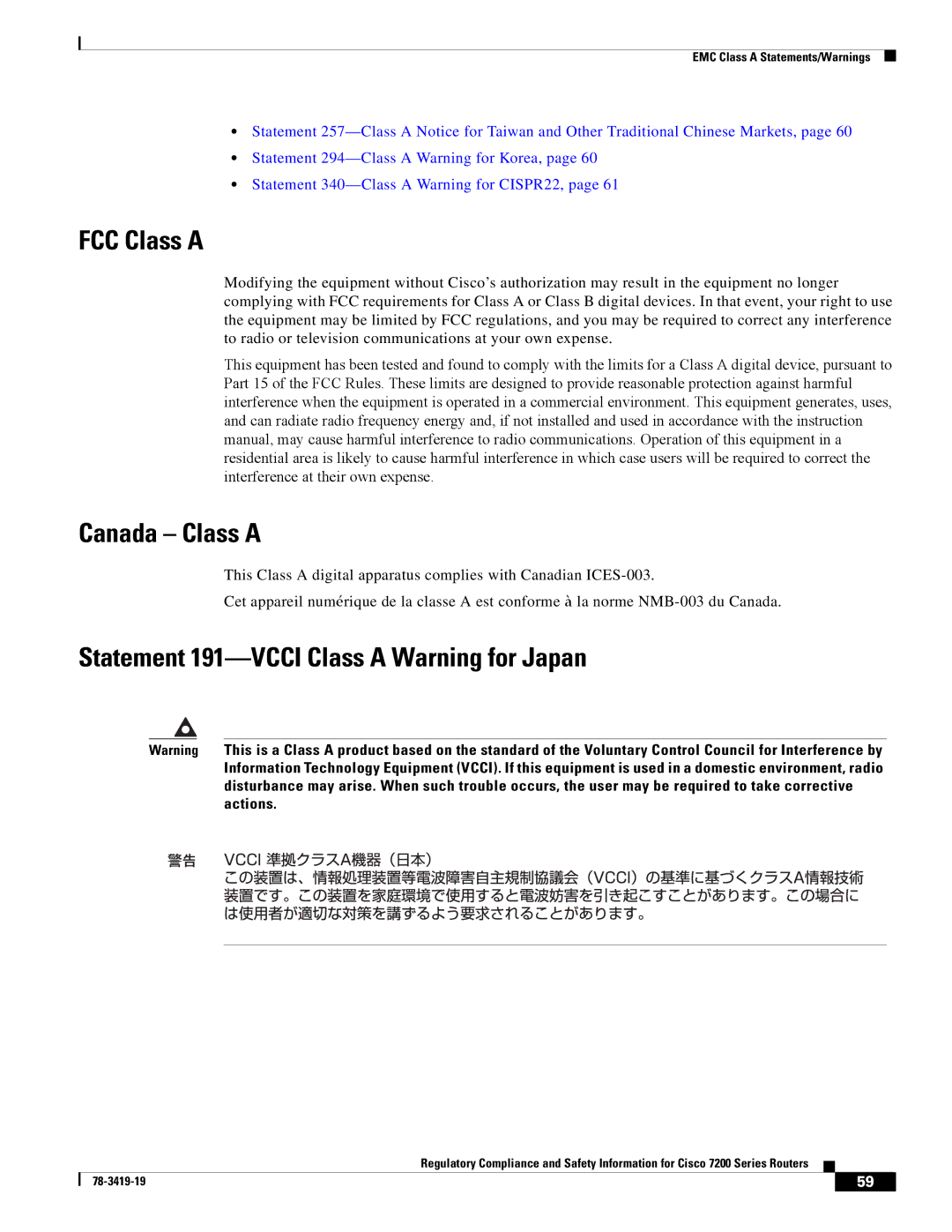 Cisco Systems 7202, 7206 VXR, 7200 Series manual FCC Class a, Canada Class a, Statement 191-VCCI Class a Warning for Japan 