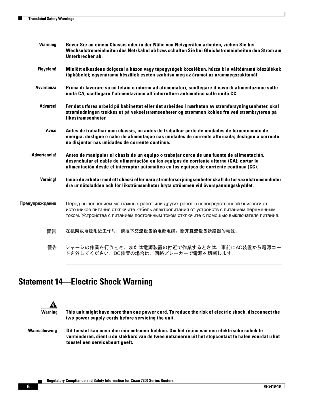 Cisco Systems 7204 VXR, 7206 VXR, 7200 Series, 7202 manual Statement 14-Electric Shock Warning 