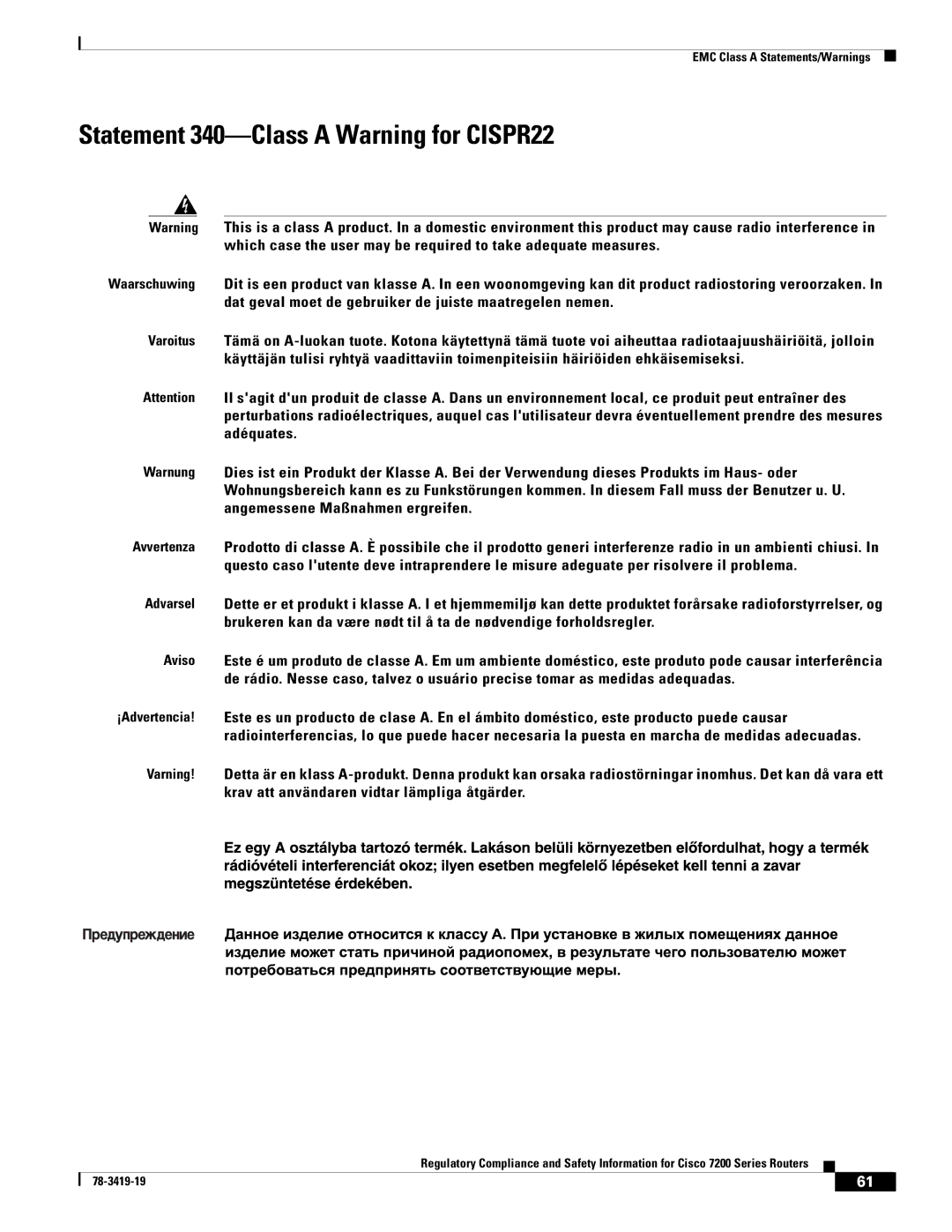 Cisco Systems 7200 Series, 7206 VXR, 7204 VXR, 7202 manual Statement 340-Class a Warning for CISPR22 