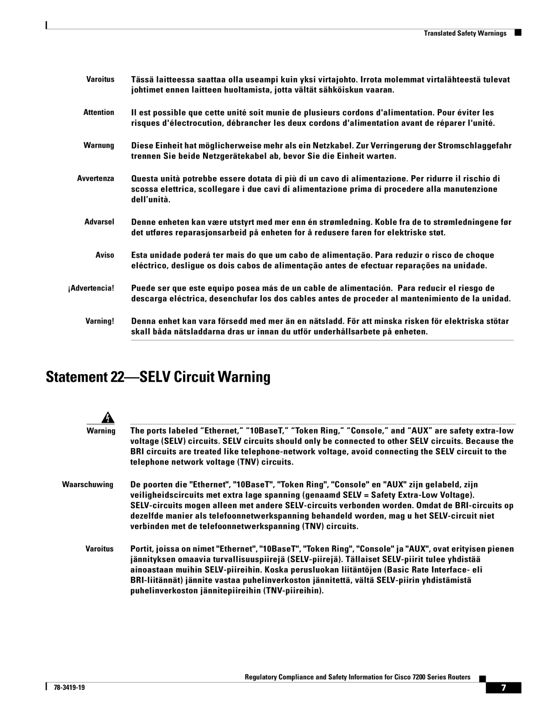 Cisco Systems 7202, 7206 VXR, 7200 Series, 7204 VXR manual Statement 22-SELV Circuit Warning 