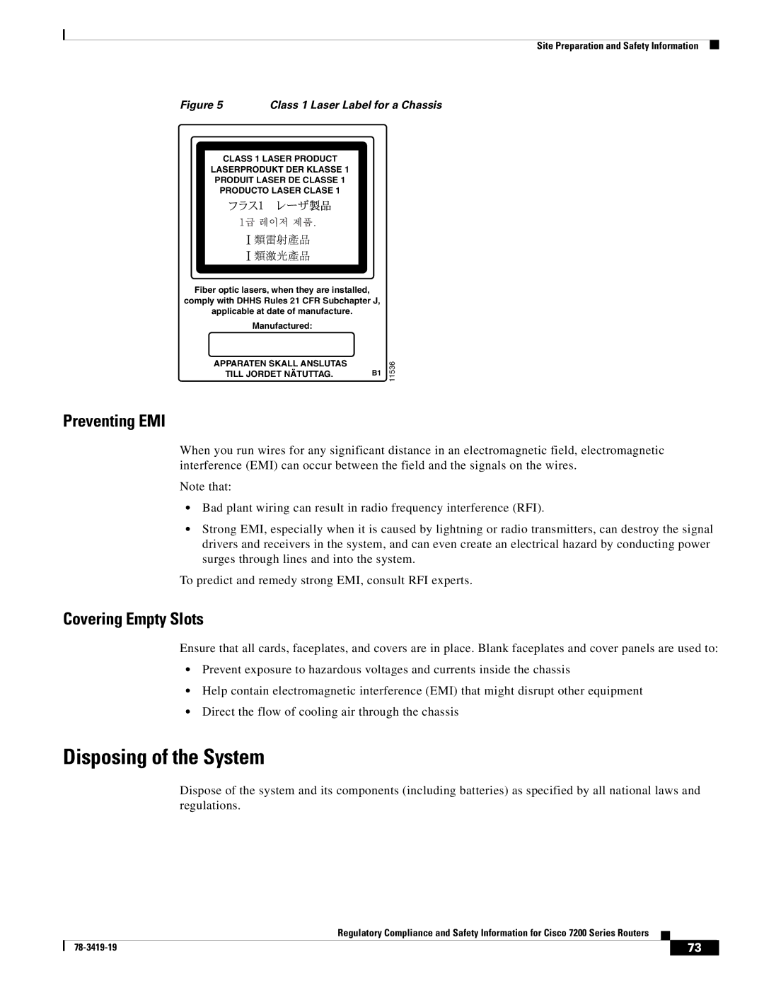 Cisco Systems 7200 Series, 7206 VXR, 7204 VXR, 7202 manual Disposing of the System, Class 1 Laser Label for a Chassis 