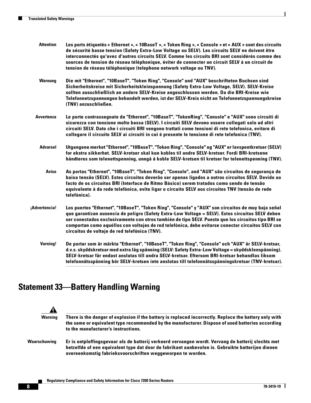 Cisco Systems 7206 VXR, 7200 Series, 7204 VXR, 7202 manual Statement 33-Battery Handling Warning 