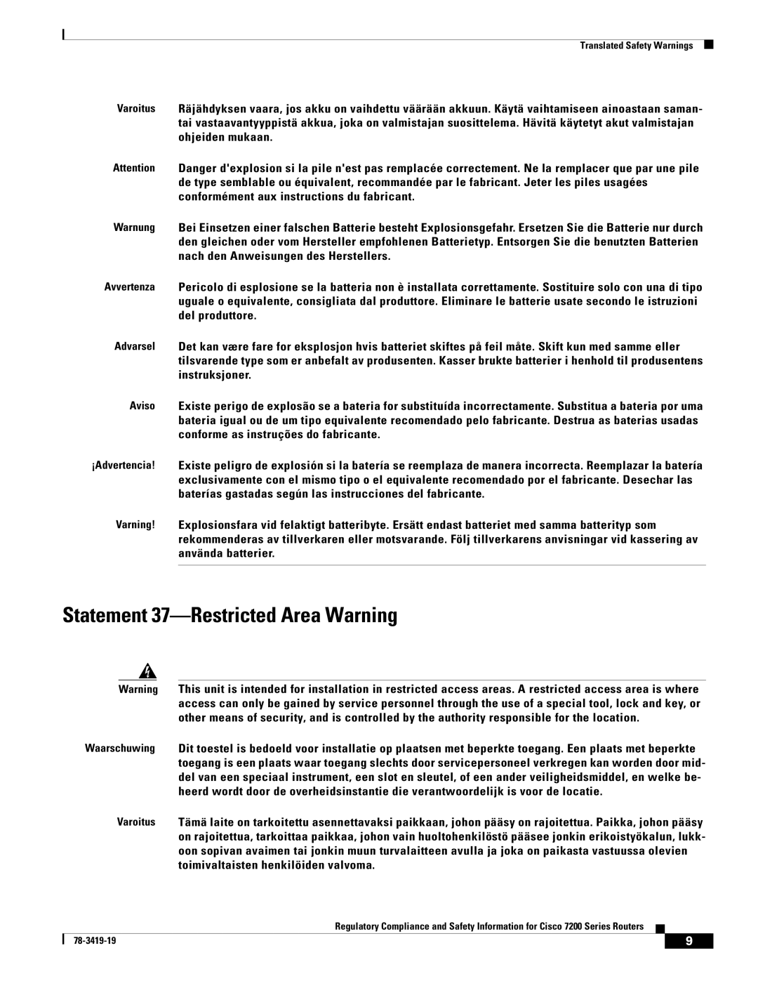 Cisco Systems 7200 Series, 7206 VXR, 7204 VXR, 7202 manual Statement 37-Restricted Area Warning 